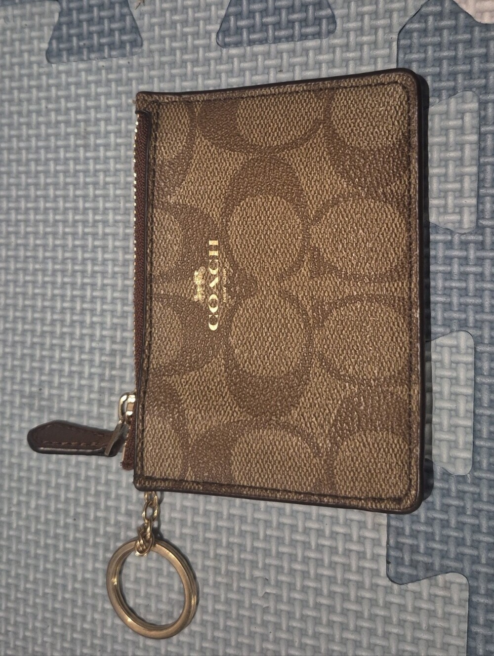 Coach Brown Signature Zip Card Case with Gold Key Ring